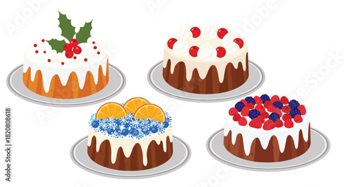 A delightful collection of four beautifully decorated dessert cakes, featuring festive Christmas, berry-topped, and citrus varieties, presented on white plates.