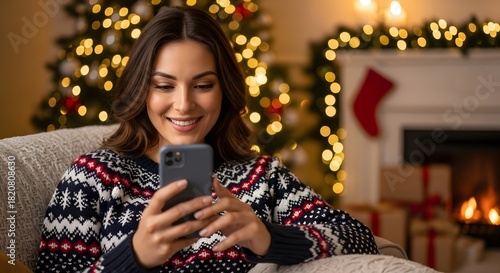 Happy caucasian woman holding smartphone, checking social media or messaging friends during Christmas holidays. Holiday season concept for technology and remote connection.
