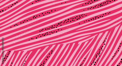 A vibrant and dynamic abstract background pattern featuring playful wavy pink stripes reminiscent of a modern animal print, accented with scattered black dots.