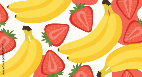 A vibrant and fresh seamless pattern illustration featuring ripe yellow bananas and juicy red strawberries scattered on a light background.