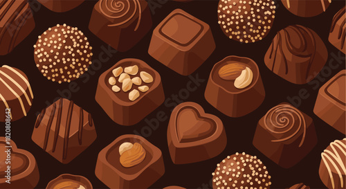 A delightful seamless pattern showcasing an assortment of rich chocolate pralines and truffles with diverse toppings on a dark background.