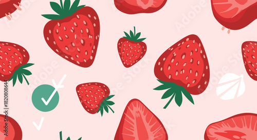 Seamless pattern of vibrant red strawberries with green stems and leaves scattered across a light pink background, depicting freshness and summer.