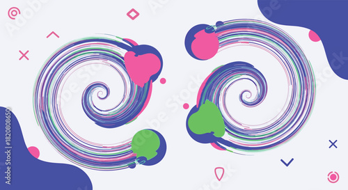 Colorful abstract spirals and geometric shapes create a modern, dynamic background design with a playful and energetic feel.