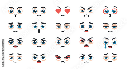 A diverse collection of cartoon facial expressions depicting a wide range of human emotions and moods, perfect for avatars or emojis.