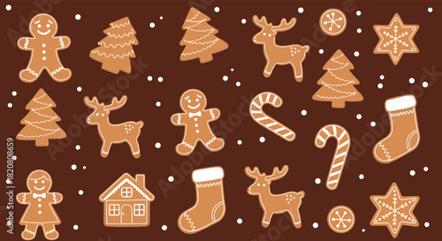 Festive gingerbread cookies in various holiday shapes, like gingerbread men, reindeer, and Christmas trees, on a rich brown background.