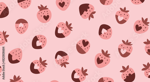 Charming seamless pattern of various pink strawberries, including chocolate-dipped and heart-shaped designs, scattered across a gentle pink background.