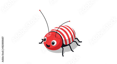 A cheerful cartoon bug with a bright red head and a playful red and white striped body, smiling happily on a clean white background.