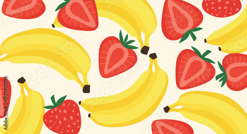 A vibrant and playful seamless pattern featuring ripe yellow bananas and fresh red strawberries scattered across a light cream background.