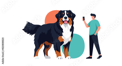 A man takes a picture of his happy Bernese Mountain Dog with a smartphone against a simple white background with colorful abstract circles.