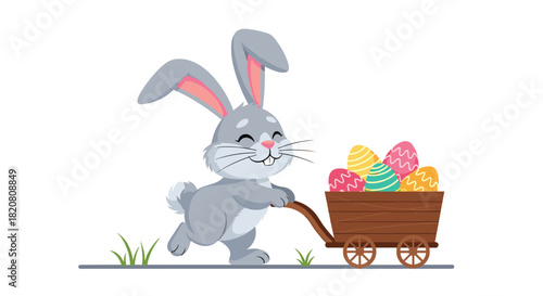 A cute grey Easter bunny is joyfully pushing a small wooden cart filled with festive, colorful eggs, celebrating the spring season.