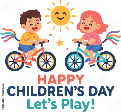 Cheerful children riding bicycles under a smiling sun celebrating children's day girl bike