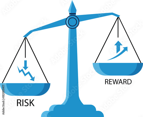Risk and reward balance on a scale, isolated on white background