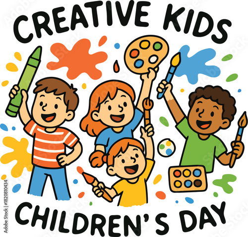 Diverse children happily painting and drawing with art supplies and colorful paint splatters kids