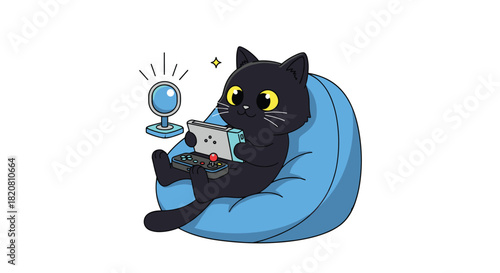 Cute cartoon black cat gamer sitting on a blue bean bag chair playing a handheld video game console with a webcam nearby.