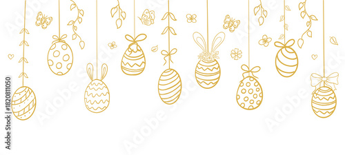 Easter eggs golden hanging horizontal garland, eggs with rope, bows, decorations, leaves and butterfly ornament. Holiday line hand drawn doodle sketch border. 
