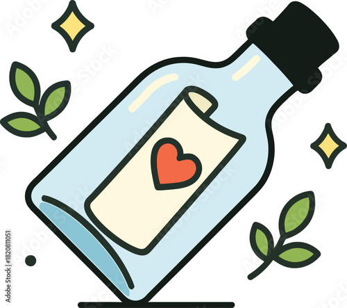 Light blue glass bottle with red heart message and green leaves love romance