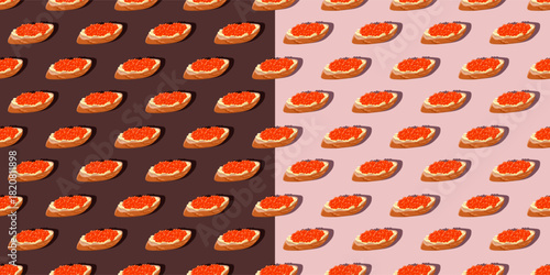 Yummy vector seamless pattern with many red caviar sandwiches, illustration on dark brown and light beige background. Top view, flat lay. Textile print, restaurant poster, and food package design.
