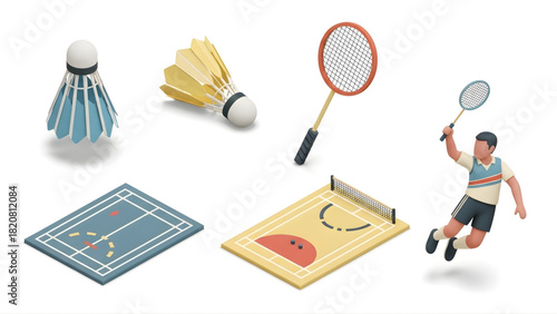 Dynamic isometric badminton elements collection featuring rackets, shuttlecocks, courts, and an active player for sports-themed designs and digital content