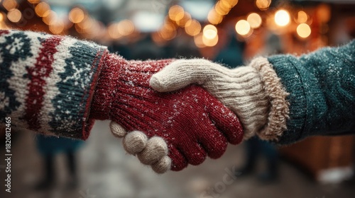 Two people in winter knitted gloves shake hands close-up against the background of a Christmas winter market, greeting people, meeting friends