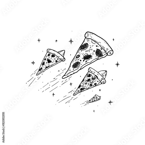 Pizza slices in space drawing illustration for pizzeria menu and cosmic food themed designs vector art 100