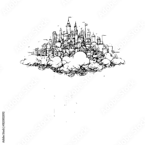 Drawing of a cloud city fantasy landscape sketch with towers and buildings in black and white ink style