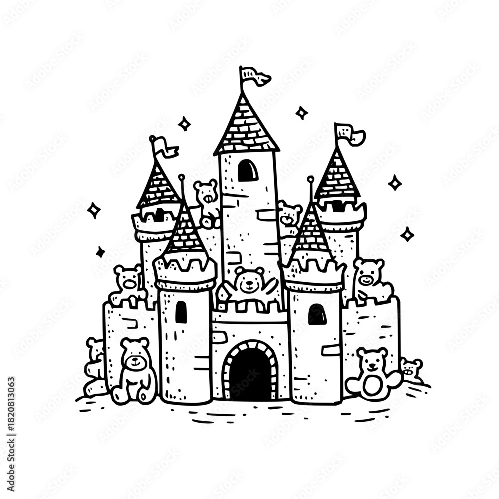 Naklejka premium Cute teddy bear castle drawing illustration for kids room decor and fairytale themed designs and prints