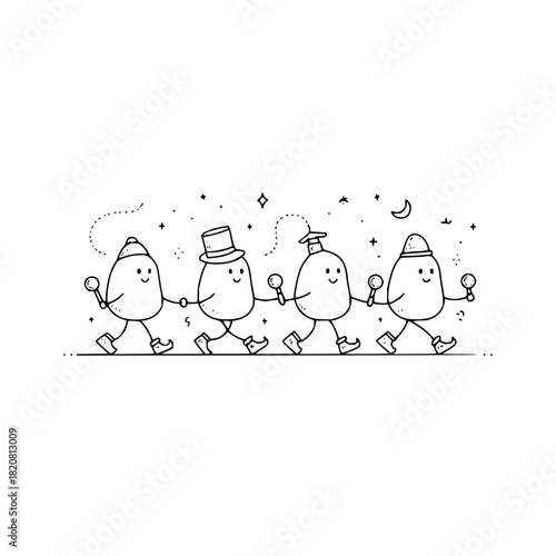 Cartoon character parade clip art design illustration walking together happy celebration fun doodle vector art