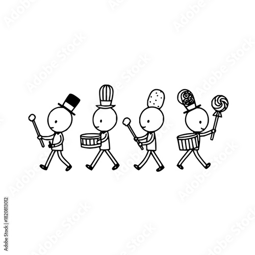 Stick figure parade marching band with drums and lollipop vector illustration clip art line drawing