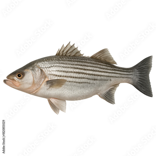 Striped bass fish with silver body and dark horizontal stripes swimming isolated on transparency background