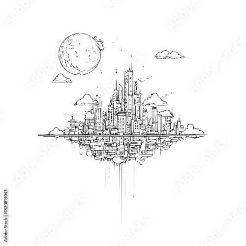 Cityscape drawing of futuristic city skyline with moon and clouds architectural design black and white sketch art
