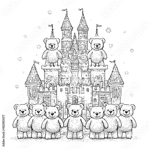 Teddy bear castle coloring page for kids and adults printable cute fantasy illustration for fun 100