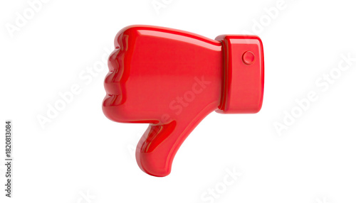 A glossy, bright red thumbs down hand symbol isolated on a black background