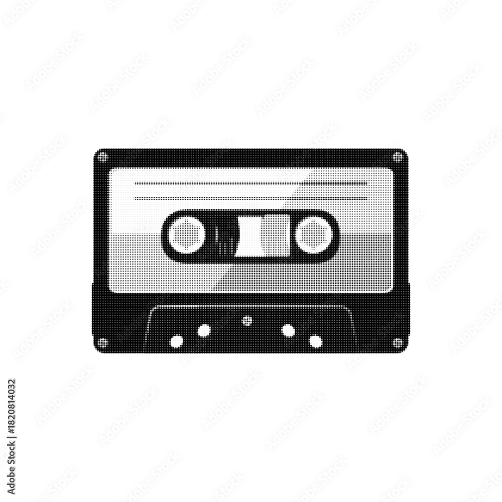 Fototapeta premium Halftone illustration of a vintage audio cassette tape in monochrome style. Retro music symbol for 80s themes, nostalgia design, analog sound projects, and creative graphics.