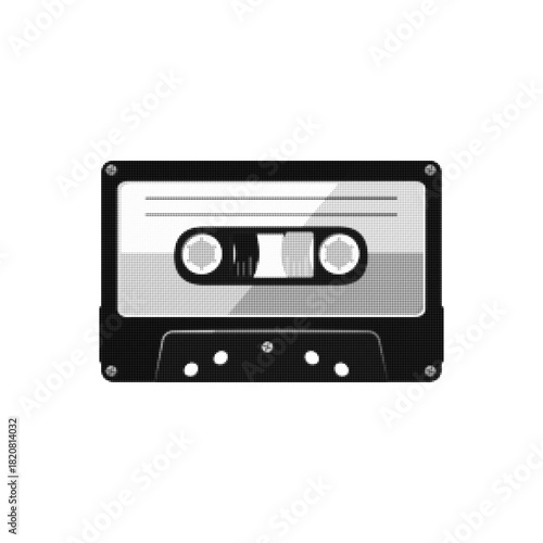 Halftone illustration of a vintage audio cassette tape in monochrome style. Retro music symbol for 80s themes, nostalgia design, analog sound projects, and creative graphics.