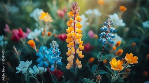 Fototapeta Naklejka Na Ścianę i Meble -  A vibrant flower meadow filled with blooming lupins in cheerful colors under soft sunlight.
