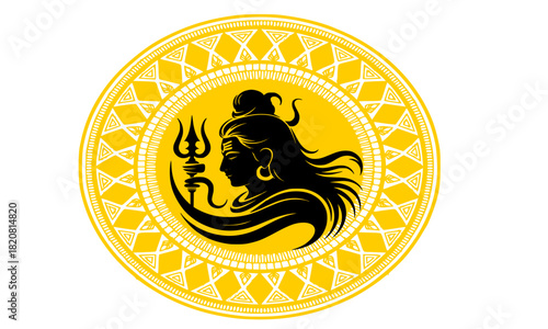 Lord Shiva Profile View (Mahadev) with Trident (Trishula) and Jata, Digital Illustration in Bright Yellow and Gold Circular Tribal Mandala Frame