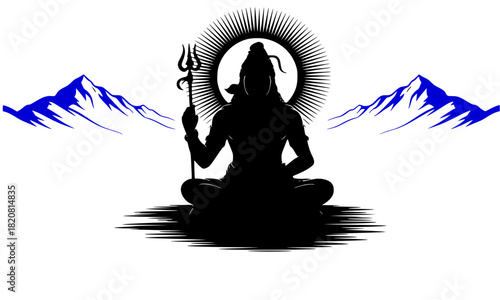 Lord Shiva (Mahadev) Silhouette Meditating in Lotus Pose, Holding Trishula on Mount Kailash, Spiritual Black and White Vector Illustration with Blue Mountains