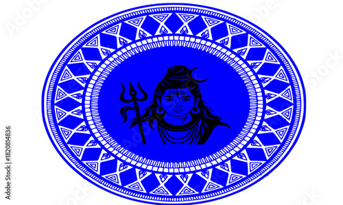 Lord Shiva, Hindu Deity, Mahadev, God of Destruction and Transformation, Digital Art Illustration in Blue Mandala Circle with Trishula and Dreadlocks