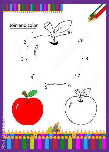 Draw an apple and color, tracing and coloring practice, pre-school activity, fruits coloring worksheet for early learning