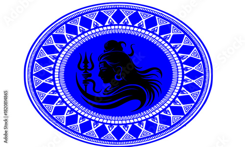 Lord Shiva Profile View with Third Eye and Trishula, Mahadev Hindu God in Blue and White Circular Tribal Mandala Frame, Digital Vector Art