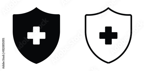 First Aid Medical shield icons with plus symbol. health protection vector set