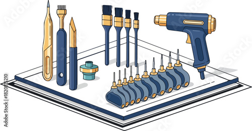 A detailed illustration of various tools for bookbinding and restoration including brushes pens and a heat gun arranged on a white surface.