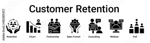Customer Retention banner web icon vector illustration concept for business with icon of Retention, Churn, Partnership, Sales Funnel, Consulting, Webinar.