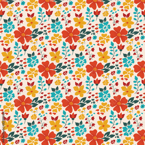 Seamless floral pattern features a vibrant and playful arrangement of hand-drawn botanical elements, perfect for a wide range of surface design projects.