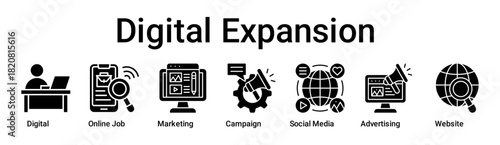 Digital Expansion banner web icon vector illustration concept for business with icon of Digital, Online Job, Marketing, Campaign, Social Media, Advertising.