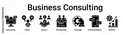 Business Consulting banner web icon vector illustration concept for business with icon of Consulting, Client, Service, Partnership, Strategy, Communication.