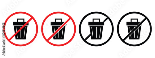 No Trash Allowed, Prohibition Symbol with Trash Can and Red Circle vector