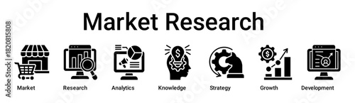 Market Research banner web icon vector illustration concept for business with icon of Market, Research, Analytics, Knowledge, Strategy, Growth.