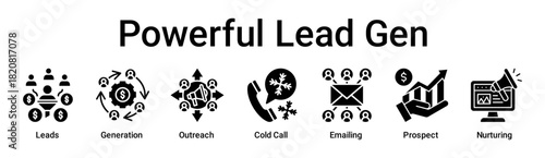 Powerful Lead Gen banner web icon vector illustration concept for business with icon of Leads, Generation, Outreach, Cold Call, Emailing, Prospect.