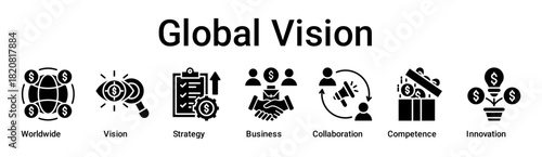 Global Vision banner web icon vector illustration concept for business with icon of Worldwide, Vision, Strategy, Business, Collaboration, Competence.